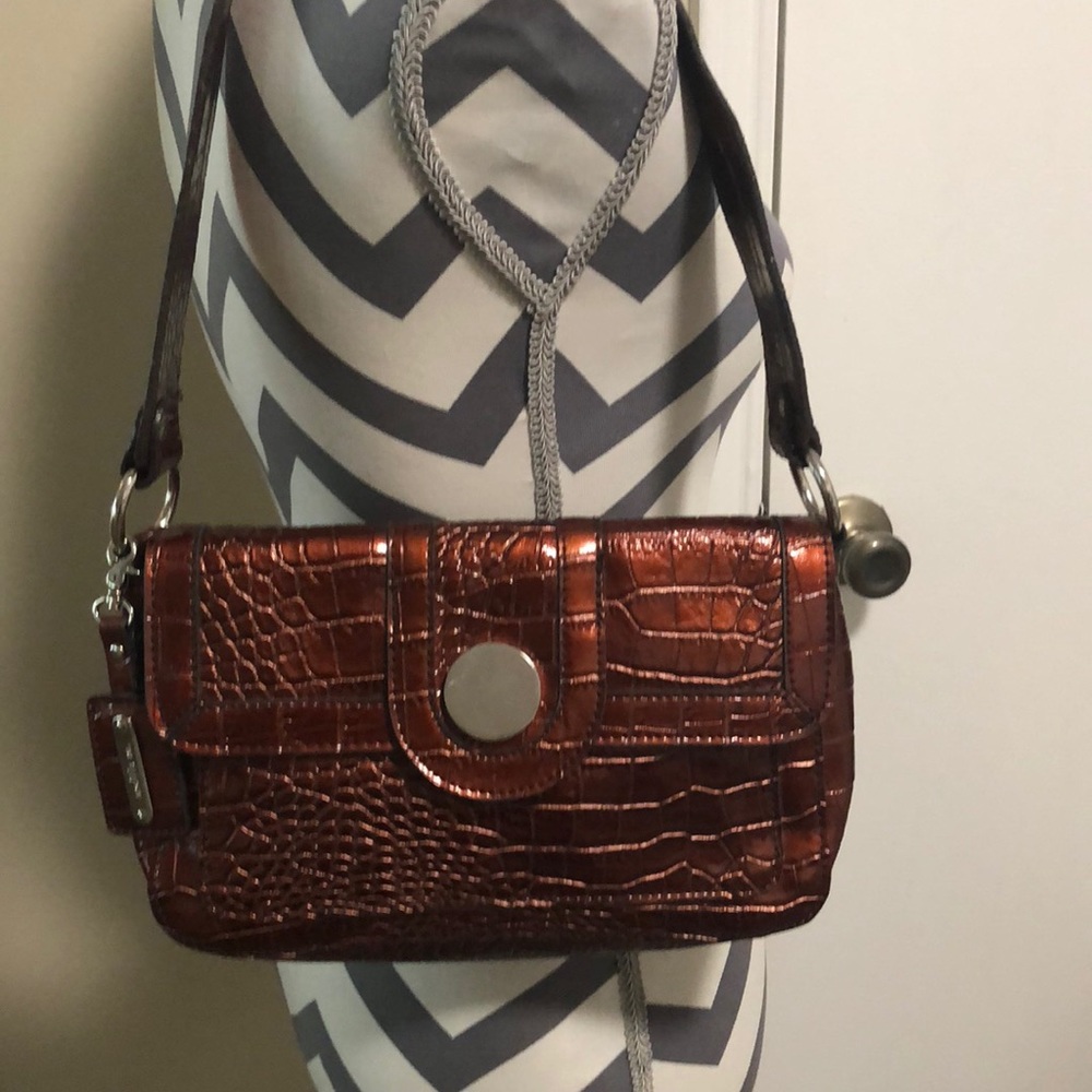 Emilie M. Shoulder Bag Faux Patent Leather alligator Handbag Dark Orange Bronze
